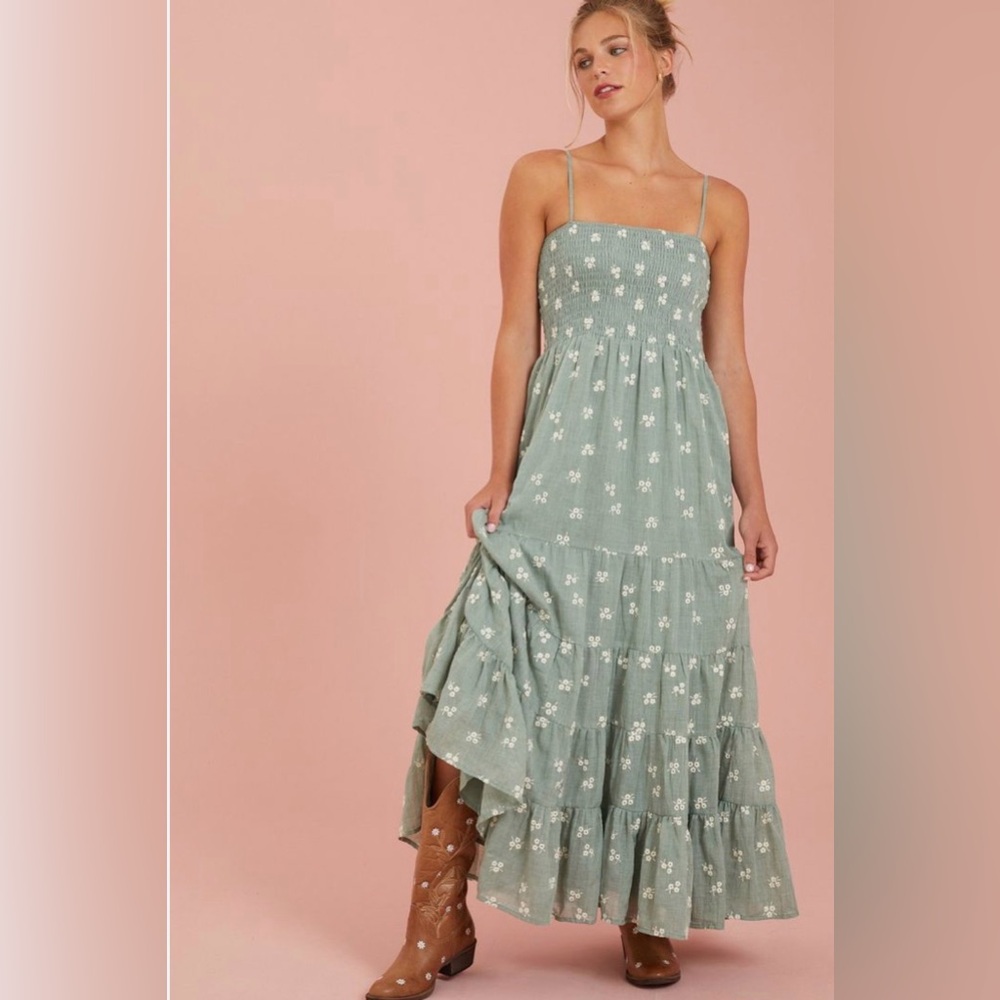 Altar’d State Baylor Embroidered Soft Green Maxi dress size Medium - Picture 6 of 15